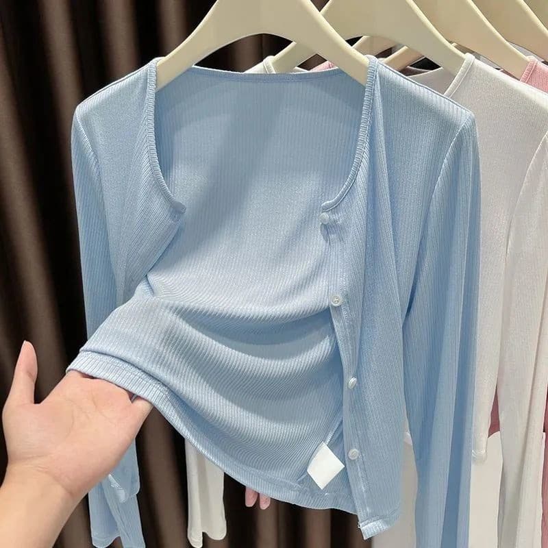 Blue Ribbed Knit Cardigan Lightweight Women's Jacket Sun Protection Cover-Up 2025 New Office Air Conditioning Summer