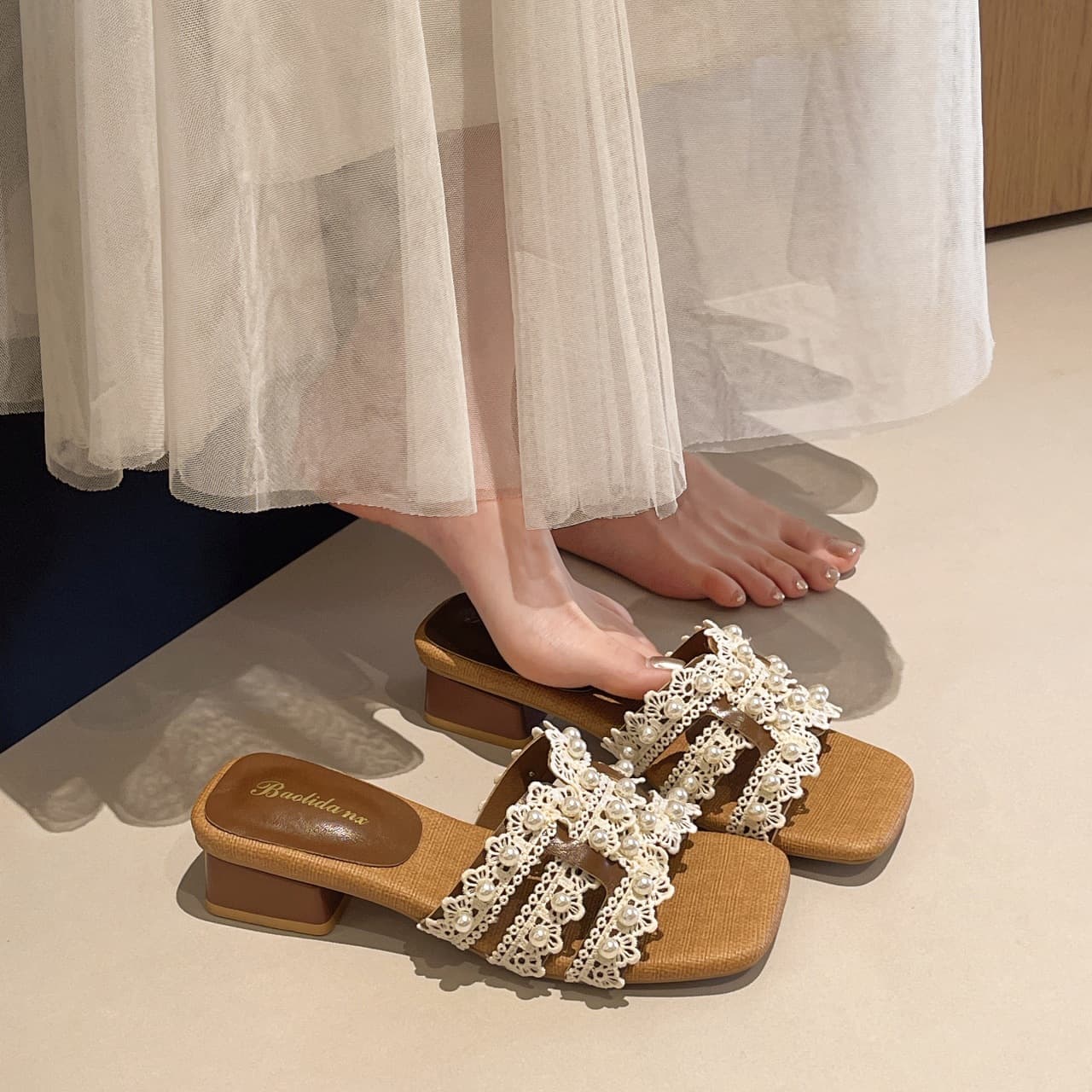 Women's Pearl Sexy One-Strap Chunky Heel Open-Toe Sandals, Summer 2026 Fairy Style