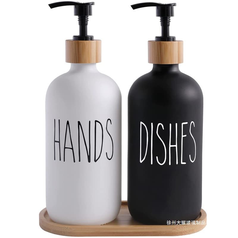 Amazon 500ml Bamboo Wood Cover Black and White Glass Bathroom Supplies Hand Sanitizer Bottle Soap Bottle Lotion Bottle