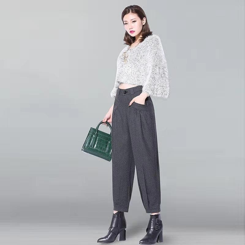 Women's Wool Pants Autumn/Winter Thickened Wide-Leg Trousers, Korean Style Harem Pants, Lantern Pants, High-Waist Plus Size Loose Carrot Pants