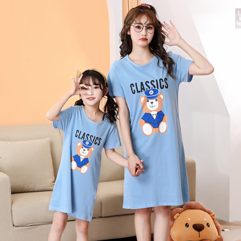 Summer thin children's loungewear, cute cartoon short-sleeved pajamas for little girls, pure cotton, loose-fitting parent-child nightgown