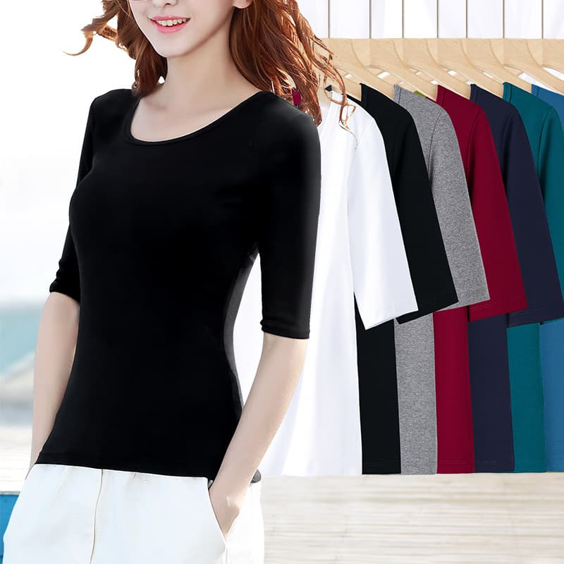 White Cotton Half-Sleeve Women's T-Shirt, Round Neck, Mid-Sleeve Black Top, Women's Seven-Sleeve, 2024 New Spring and Summer Women's Clothing