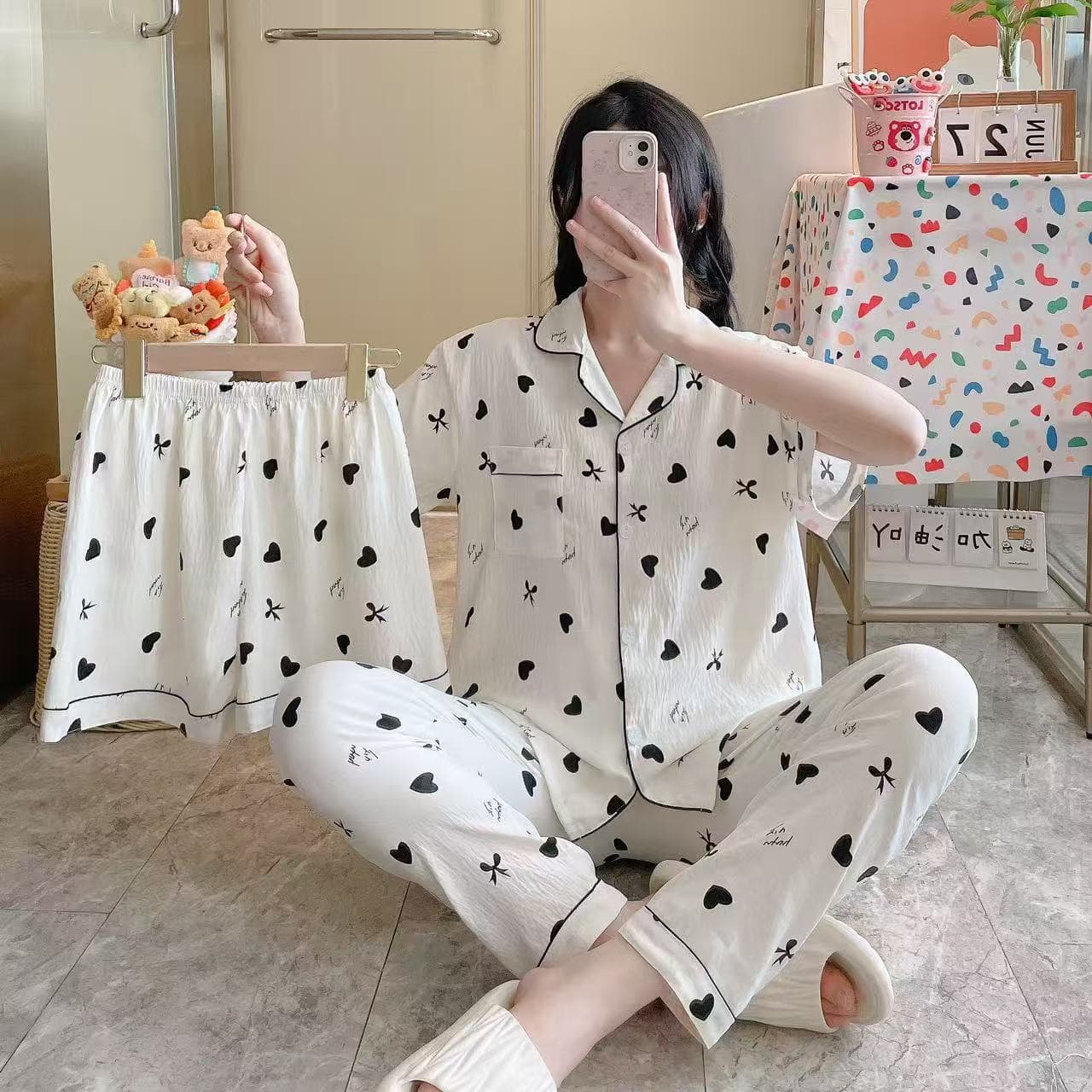 New Style Pleated Cloud Cotton Pajamas for Girls, Three-Piece Set, Spring and Summer Printed Lapel Cute Home Wear Set, Cartoon