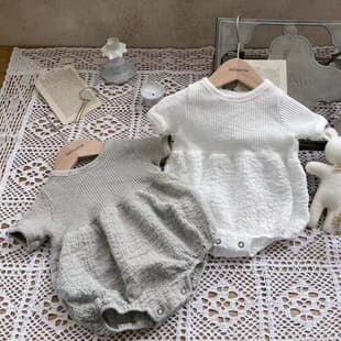 Korean Style Baby Summer Clothes Thin Ribbed Puff Sleeve Romper Ins Style Boys and Girls Baby Romper Summer Cotton