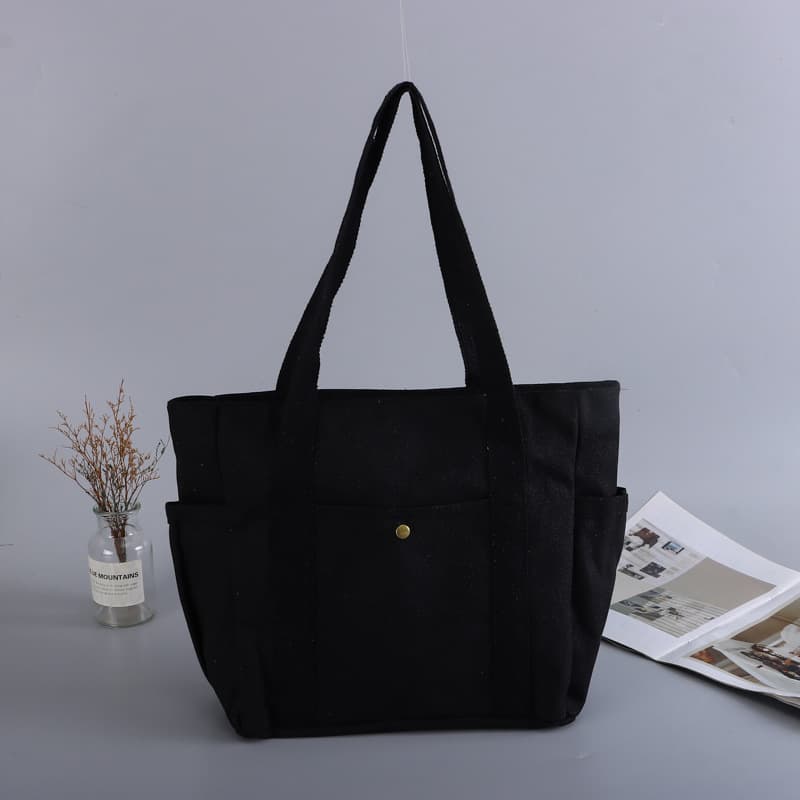 Canvas Bag with Custom Logo, High-End Black Zipper Tote Bag, Custom-Made for Students, Single-Shoulder Cotton Bag Wholesale