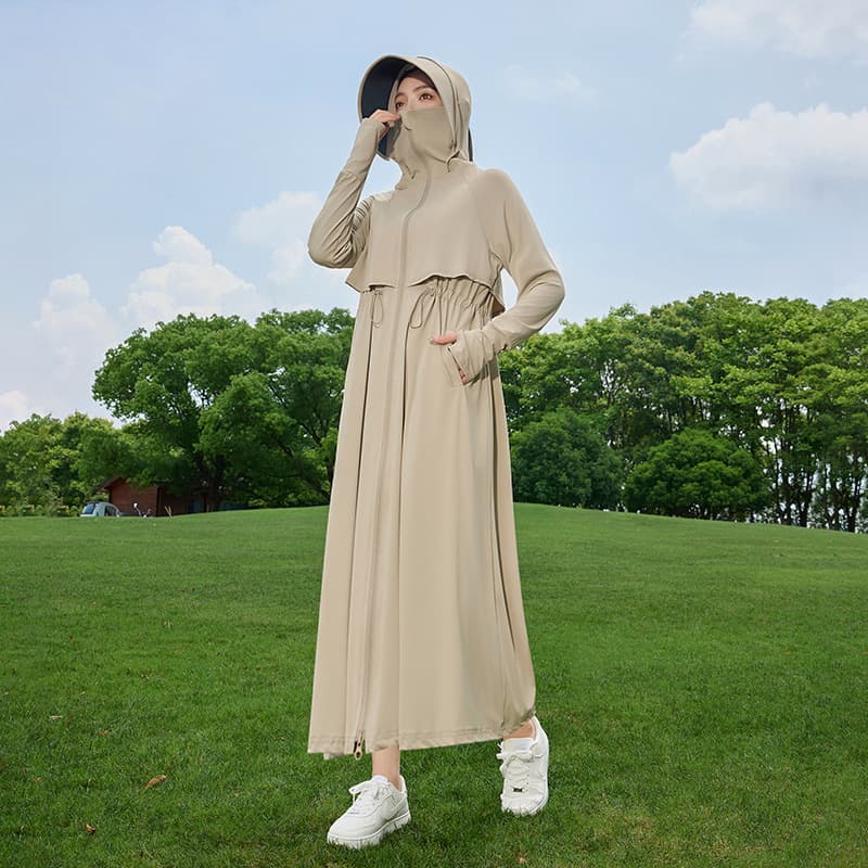 Long Sun Protection Jacket for Women Summer New Full-Body UV-Proof Breathable Waist-Tied Thin Sunscreen Coat Ice Silk Hooded Outerwear