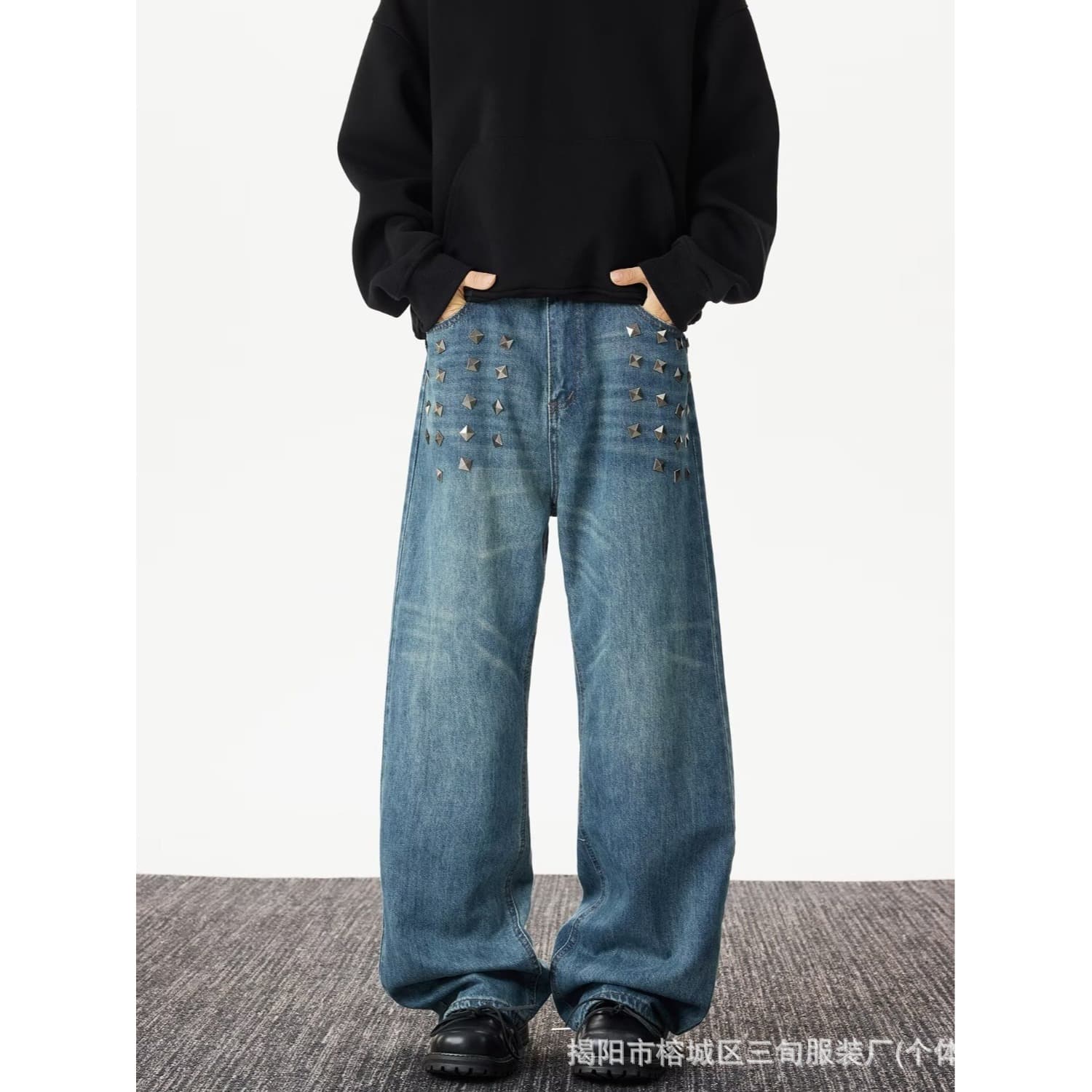 Washed lightning pattern American jeans men's retro handsome street rivet wide-leg pants high street loose long pants