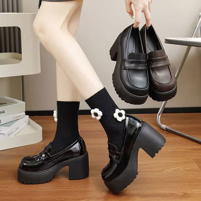 British Retro Leather Shoes for Women, 2024 Autumn New Style French Platform High Heel Flats Slip-On Loafers
