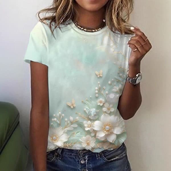 3D Digital Print Women's Fashion Casual Round Neck T-Shirt