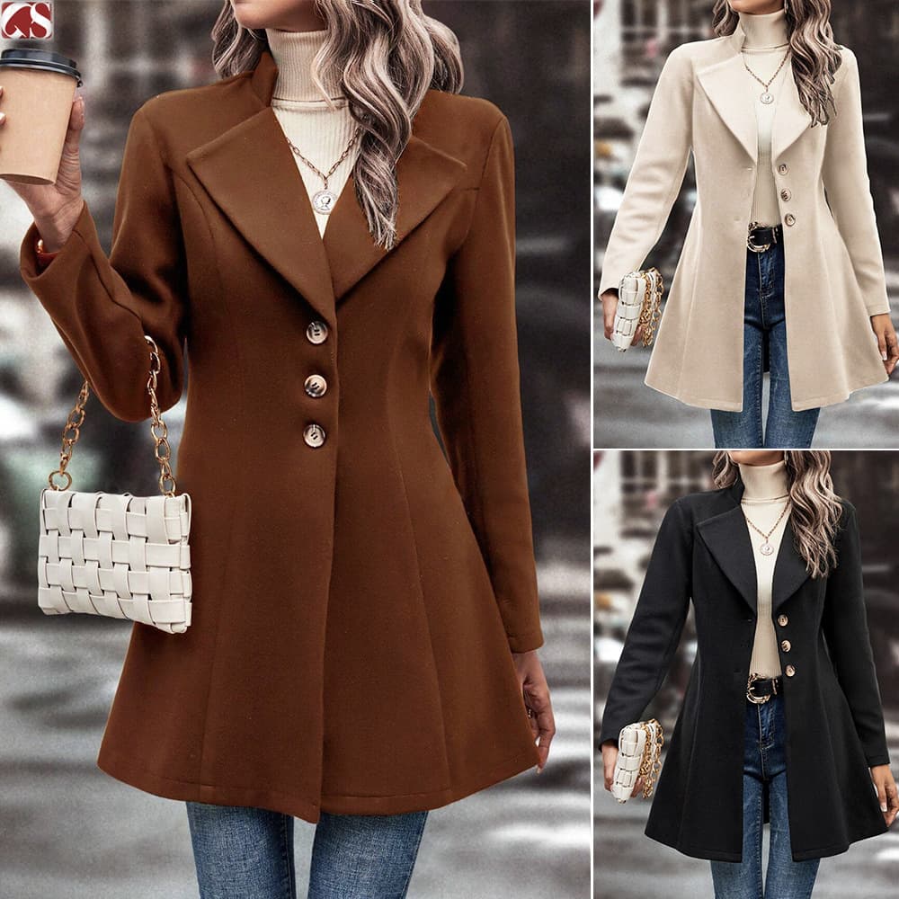 European/American 2024 New Amazon Cross-border Women's Clothing Autumn/Winter Lapel Slim Wool Solid Color Fashion Elegant Coat