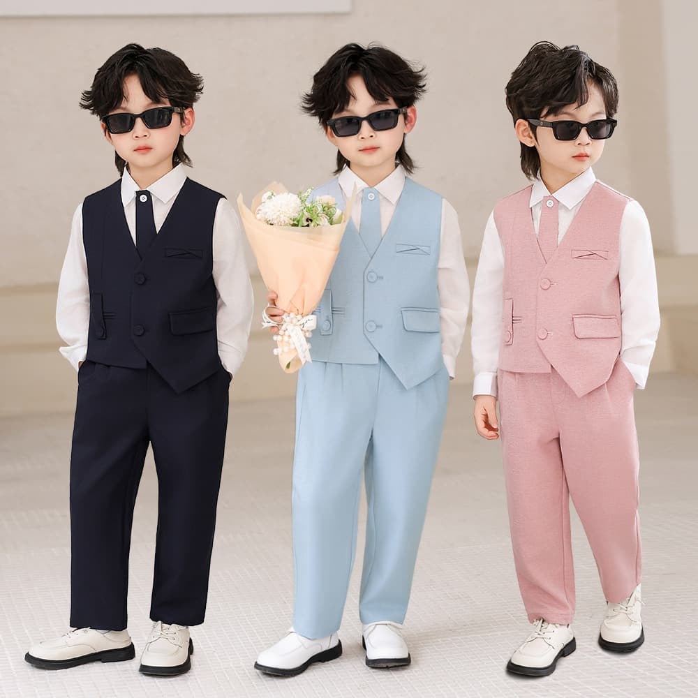 Boys' Suit Vest Set British Gentleman Solid Color Toddler Flower Boy Host Performance Outfit Birthday Photo Clothes