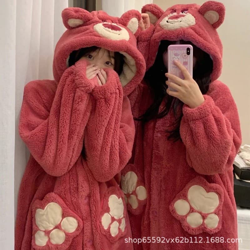 Monster-Themed Fleece-Lined Hooded Pajama Set, Thickened and Suitable for Outerwear, Cute Cartoon Flannel Thickened Pajama Set for Winter