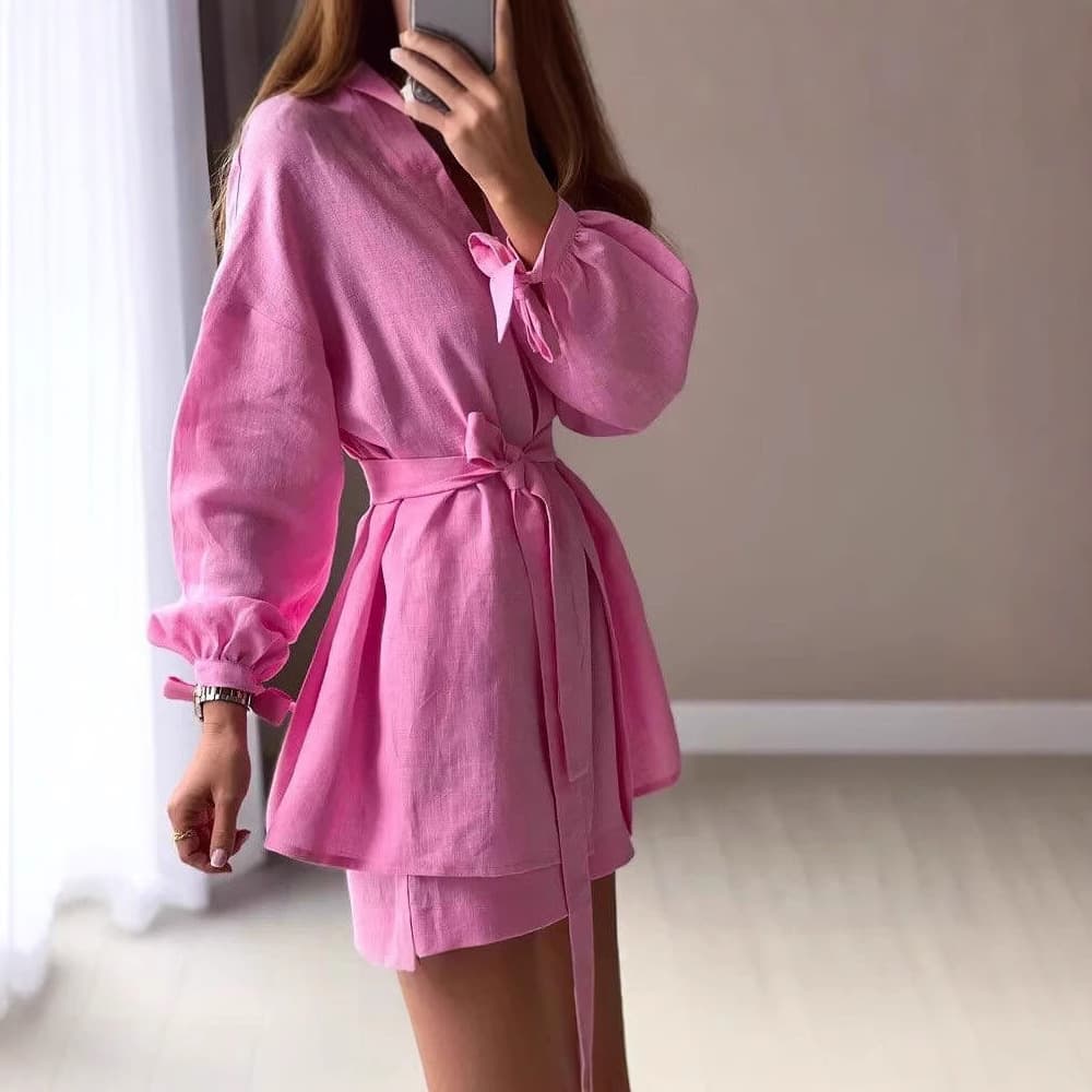 Fashionable Casual High Waist Short Pants Set 2025 Spring Autumn Belt Design Loose Top Bottom Matching Cotton Polyester Blend
