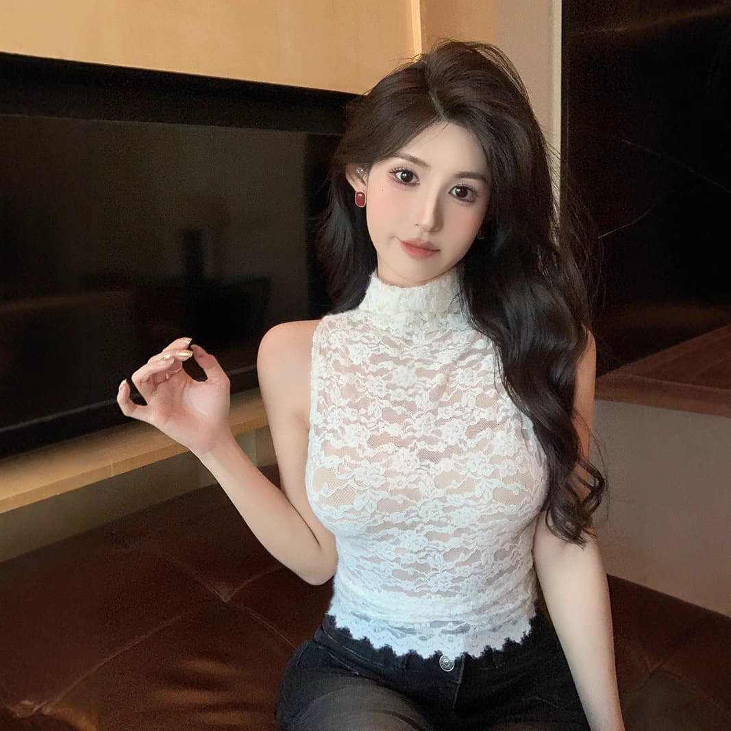 Women's High Neck Lace Base Layer Top Autumn Winter New Sexy Mesh Hollow Out Crochet Fashionable Slim Fit Long Sleeve