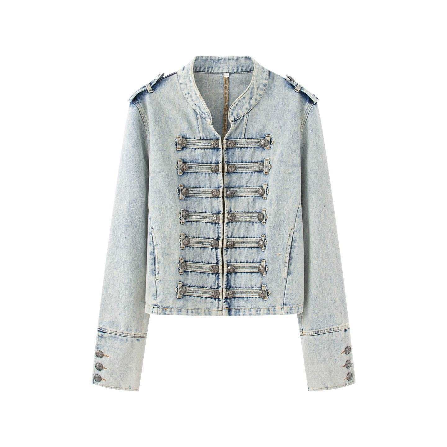 Vintage European-Style Long-Sleeve Denim Jacket with Retro Cotton Stand Collar and Button Design for Women, Unique Black for Spring and Autumn
