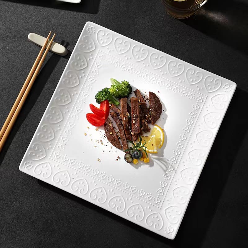New Ceramic Steak Plate Pure White Western Food Home Plate Dish Square Plate Creative Business Embossed Square Plate