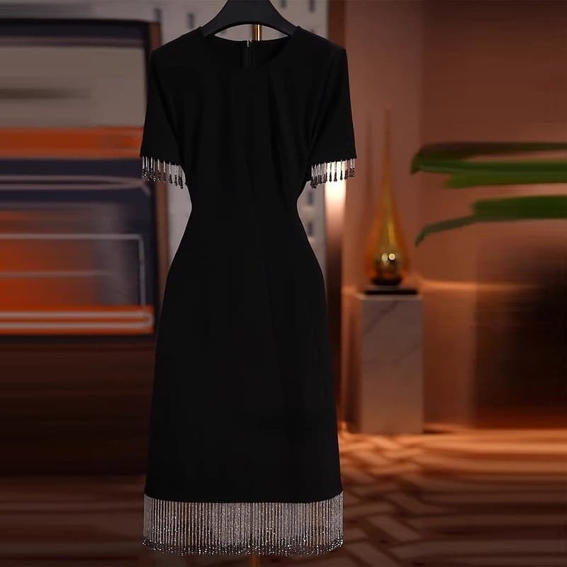 Audrey Hepburn Style Tassel Black Dress for Women 2025 Summer New Arrival Elegant A-Line Long Gown Fashion