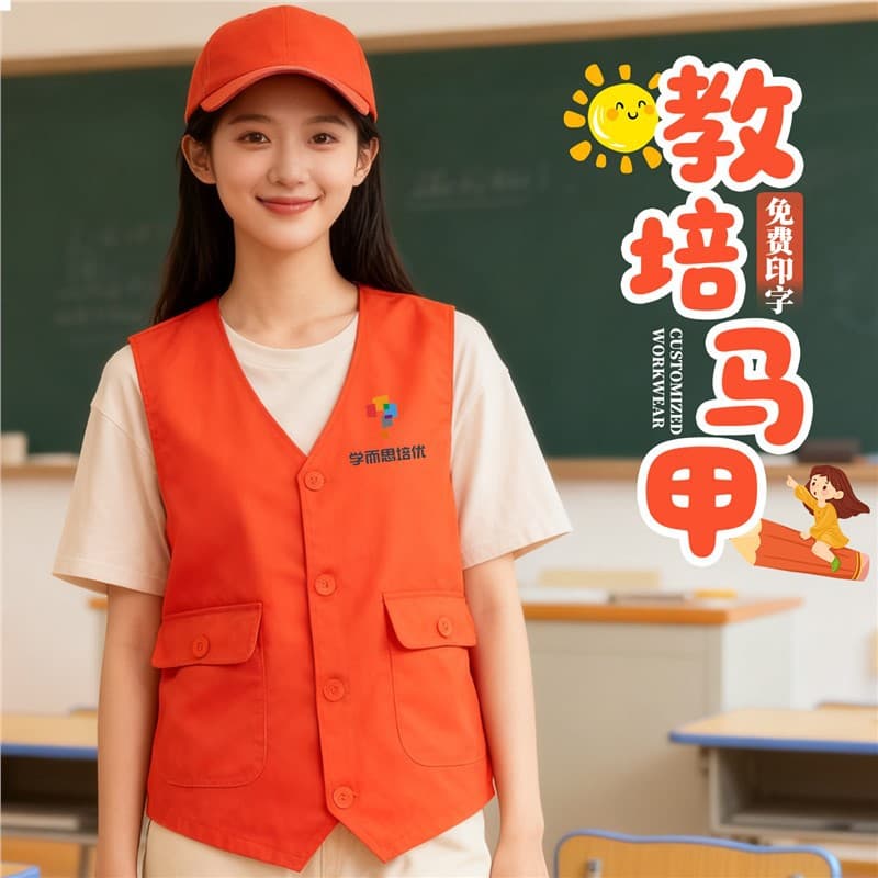 Education and training vests with logo printing, childcare training, early childhood education vests, enrollment teacher promotion team workwear.