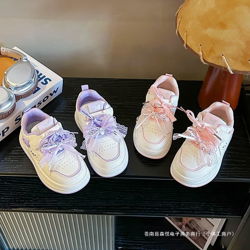White Sneakers Fashionable Girls Casual Shoes New 2026 Breathable Bow Spring Autumn Board Shoes Children Versatile