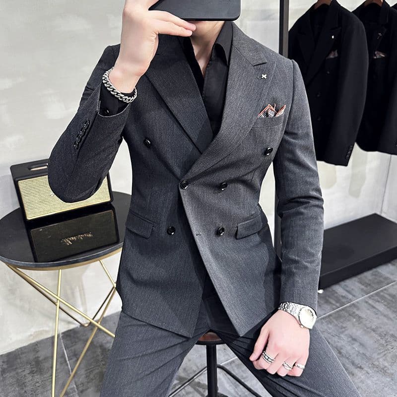 New Spring/Autumn Double-Breasted Suit for Men, Korean Style, Slim Fit, Fashionable Small Blazer, High-End Business Formal Suit Set, Trendy