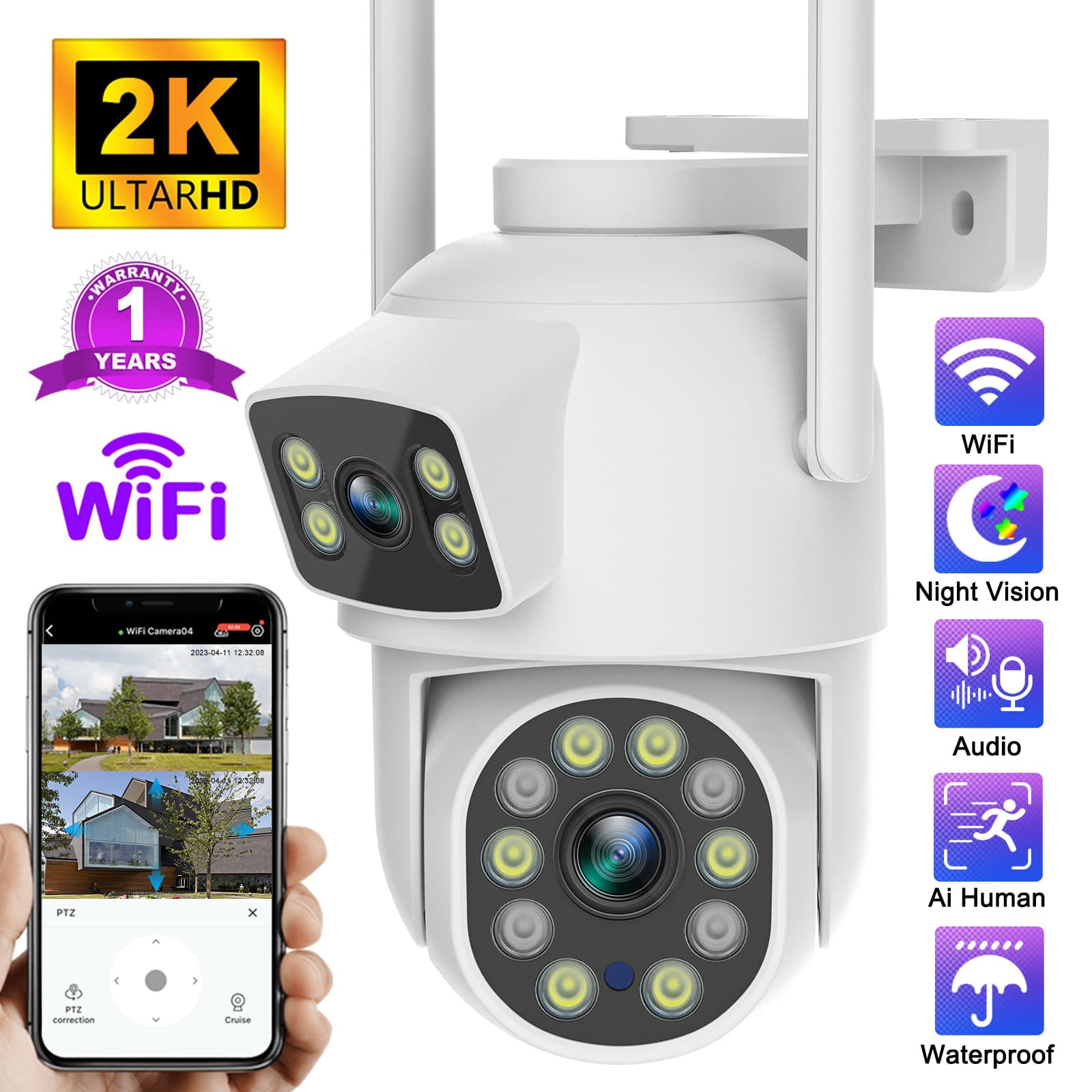Dual-Lens Gun-Ball Linkage Wireless Surveillance Camera 360 Outdoor Home Monitor HD Picture