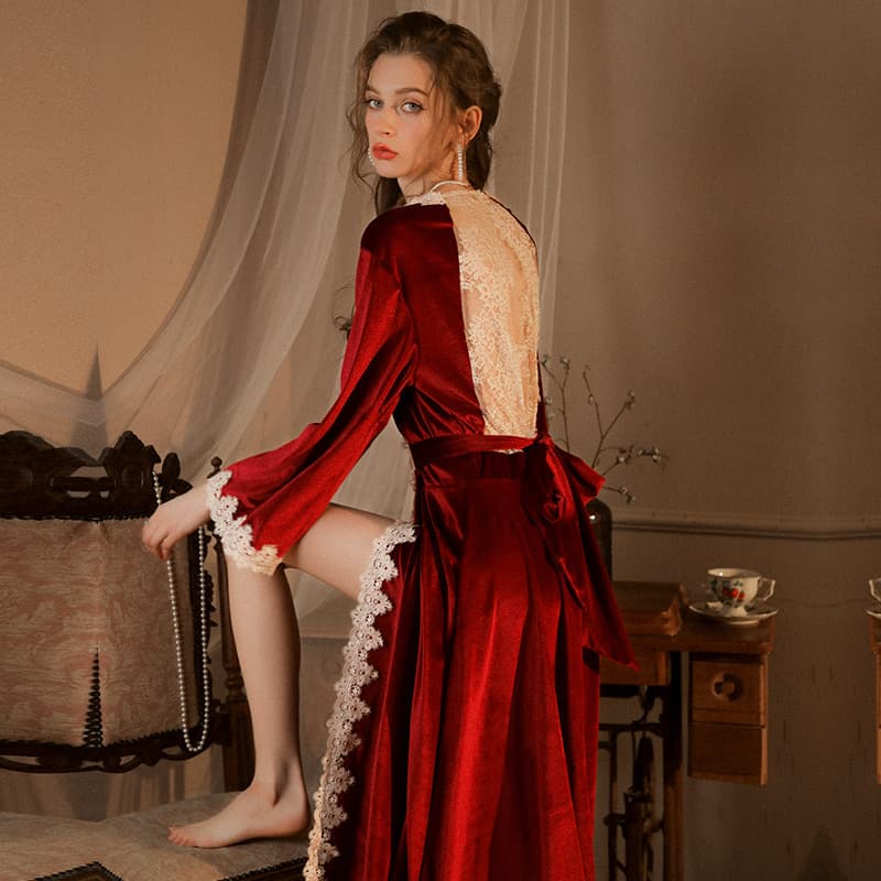 Hollow Lace Morning Gown Women's Bride Gold Velvet Long Nightgown Spring Autumn Wedding Red Nightgown Pajamas
