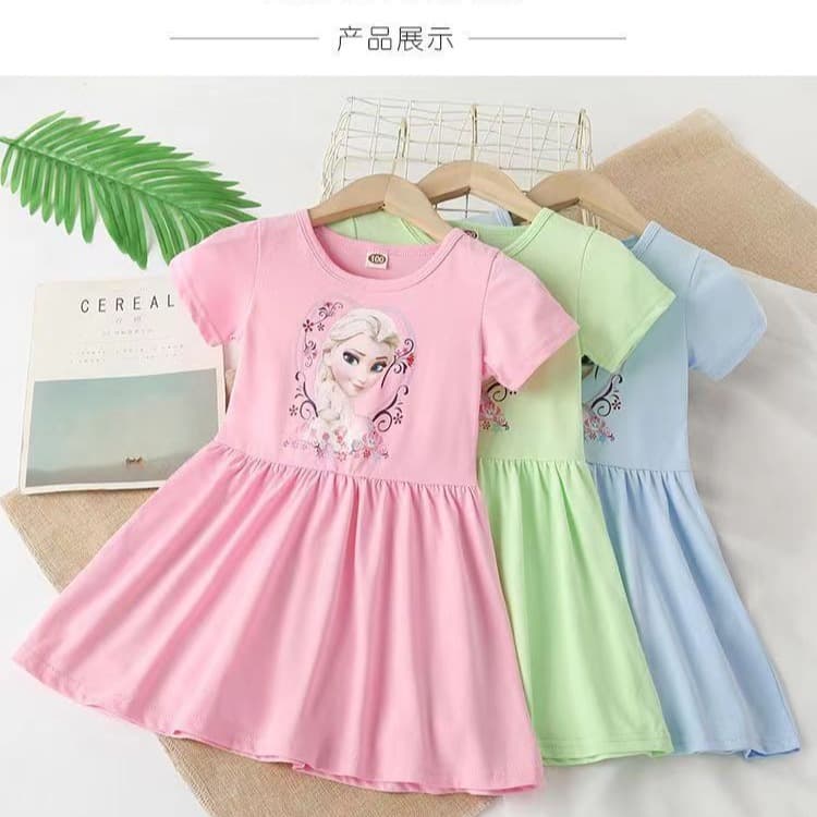 2023 New Elsa Princess Dress Round Neck Short Sleeve Frozen Children's Dress British Style Gown Thin