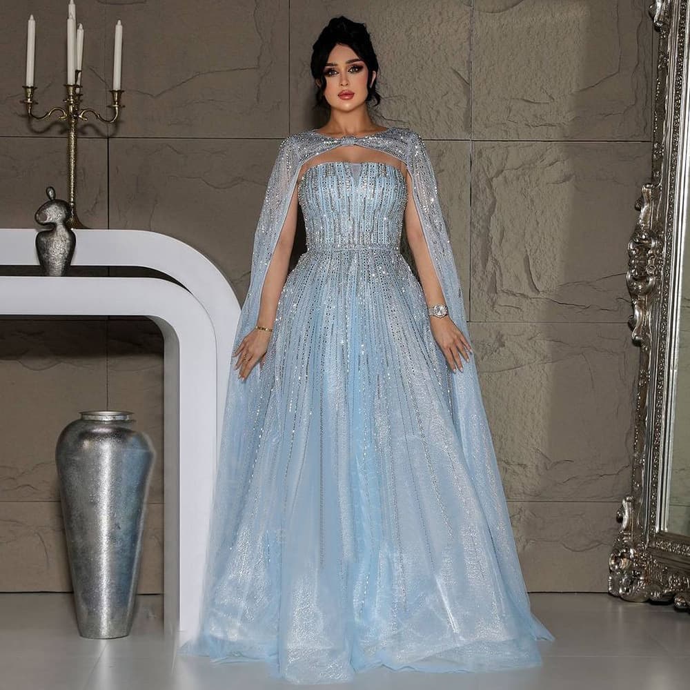 Blue Strapless A-Line Dress with Detachable Flutter Sleeves, High-End Elegant Banquet Host Gown LA72427