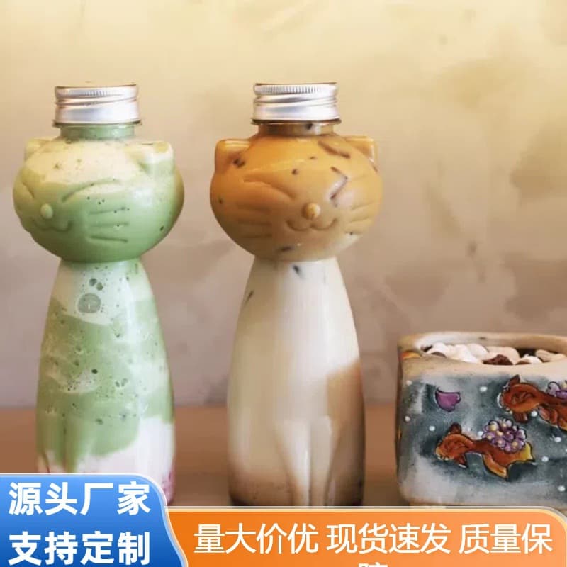 250ml/500ml cartoon bottles, small cat beverage bottles, PET creative juice transparent milk tea bottle packaging, PET food-grade.