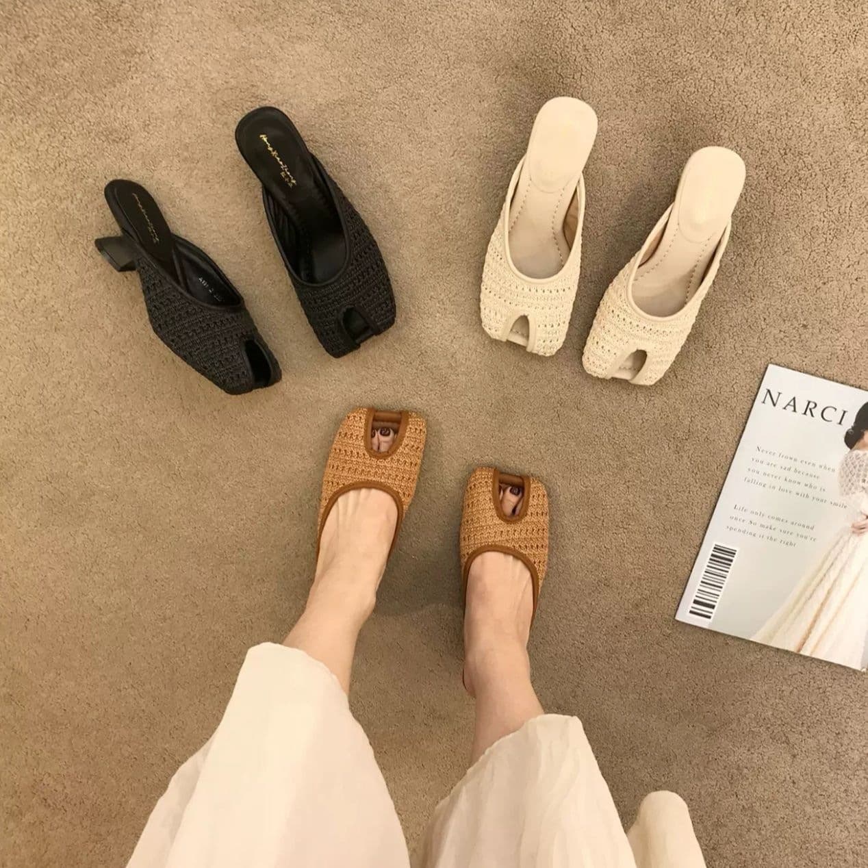 New French Vintage Woven Hollow Block Heel Square Toe Sandals for Women, High Heel Closed Toe Mules for Summer 2026