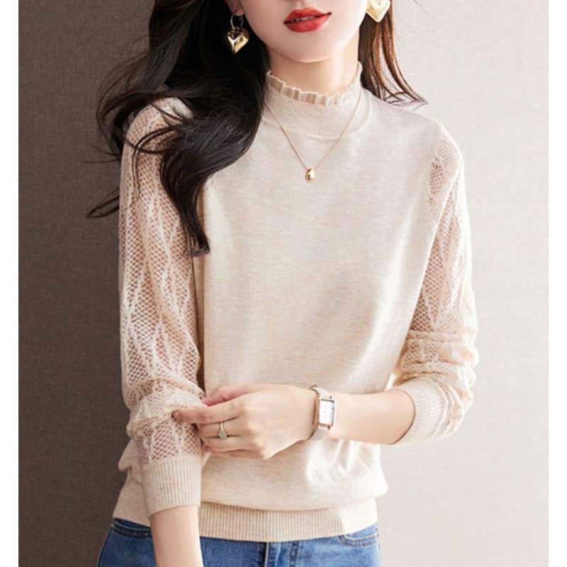 Women's Half Turtleneck Lace Base Top Spring 2024 New Inner Layer Knit Sweater Black