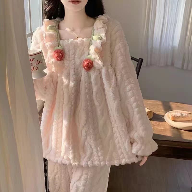 Thick Long Plush Sleepwear Women's Home Clothes Set Sweet Cute Fleece Warm Floral Trim Student Home Style Round Neck Long Sleeve