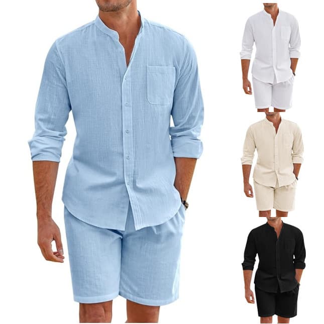 Amazon Men's Summer Two-Piece Polyester Button-Down Shirt Long Sleeve Shorts Cardigan Casual Beachwear Trendy Style