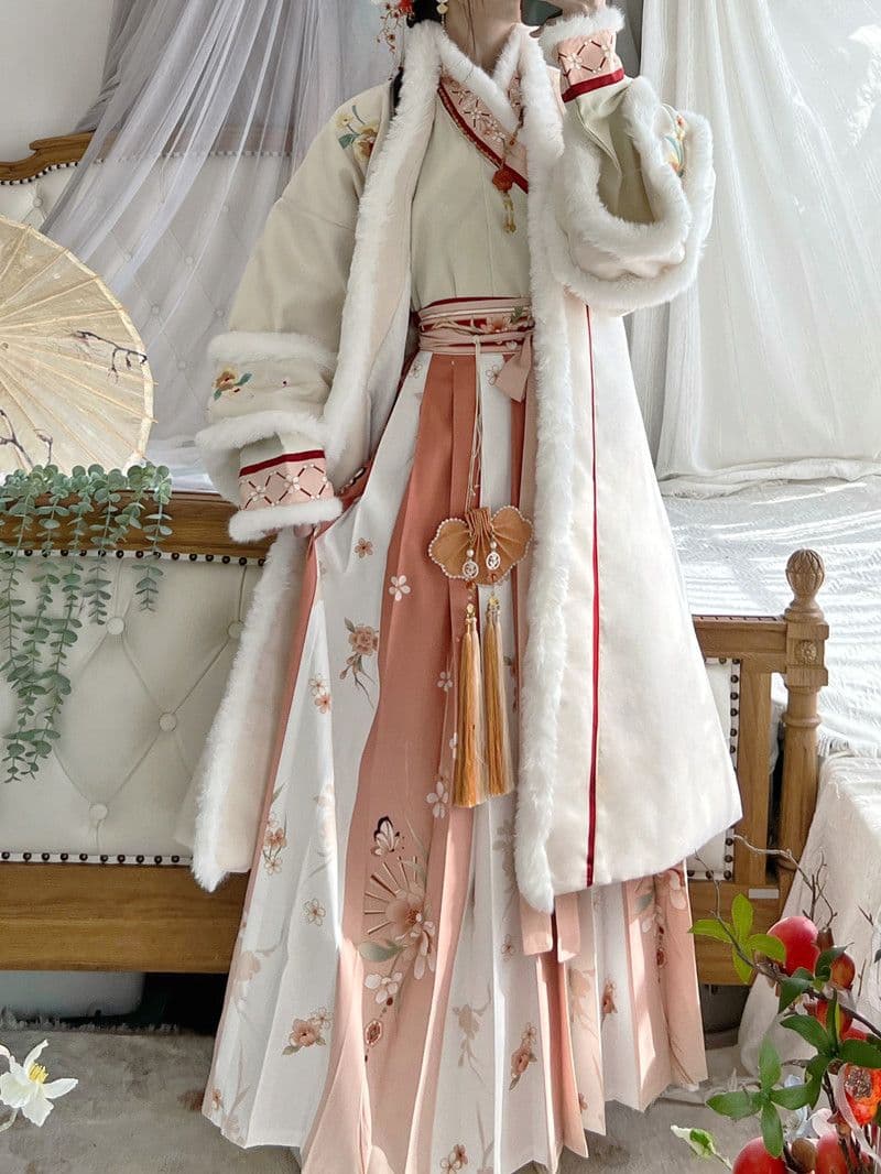 Original [Furong] Winter Song-Style Hanfu Women's Double-Breasted Long Jacket with Cross-Collar Pleated Skirt Daily Fleece-Lined Set