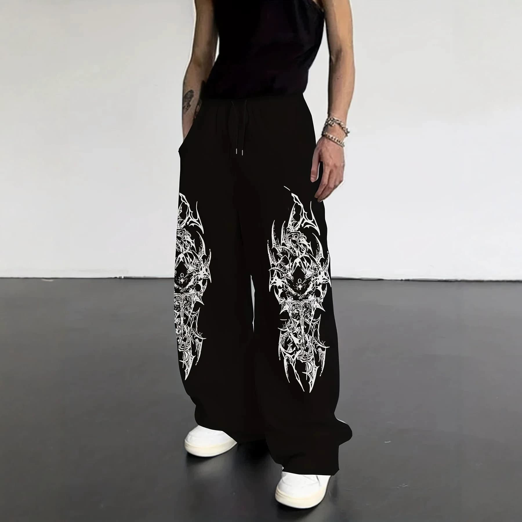 New spring and autumn Y2K dark gothic print loose slimming men's and women's lace-up sports pants wide-leg sweatpants