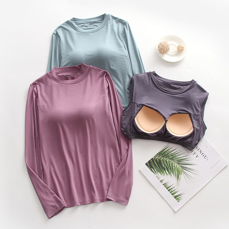 Spring/Autumn Modal Padded Bust Integrated Cup Round Neck Semi-High Neck Solid Color Long-Sleeve T-Shirt Base Layer Top for Women