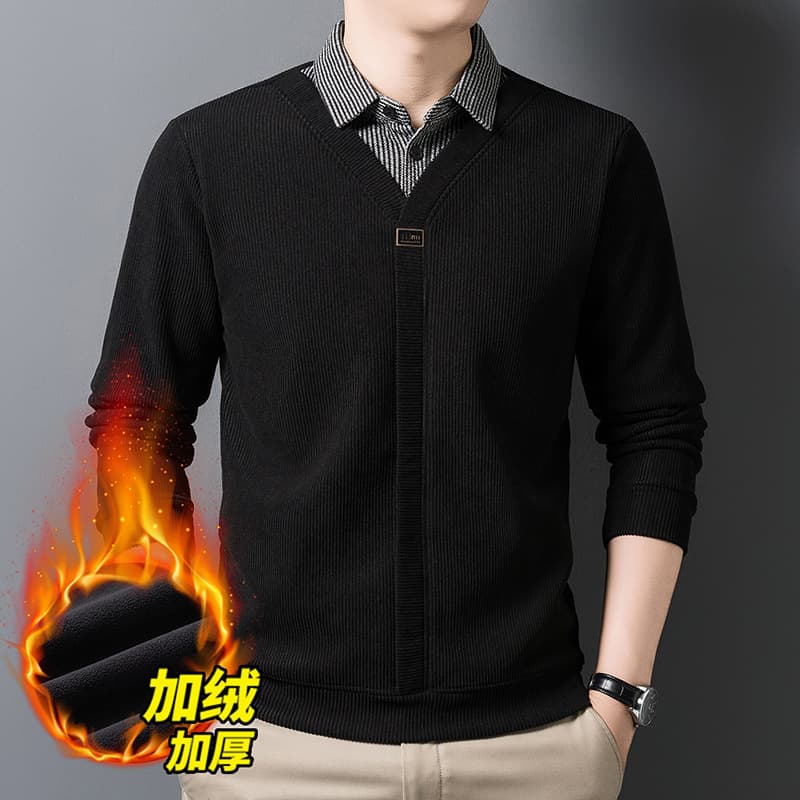 New autumn/winter fleece-lined faux two-piece T-shirt for men, business casual striped base layer with shirt collar, fashionable and versatile menswear.