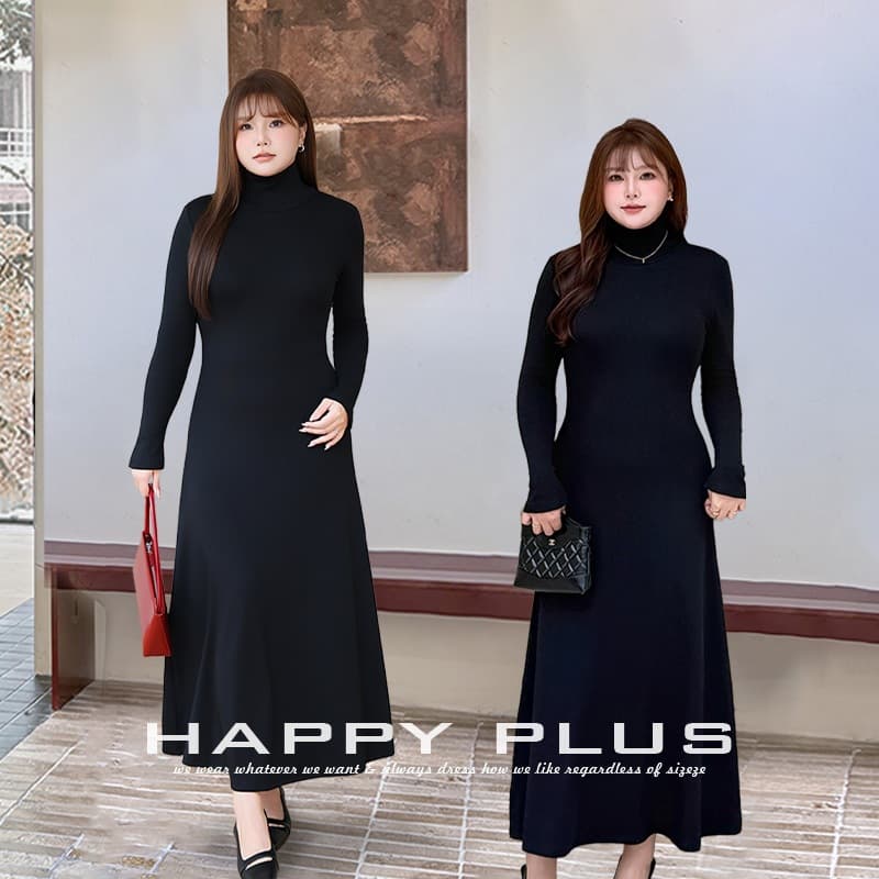 HAPPYHUT Lycra Knitted Waist-Nipped A-Line Turtleneck Dress N9429 Base Long Dress Elegant Curve Little Black Dress