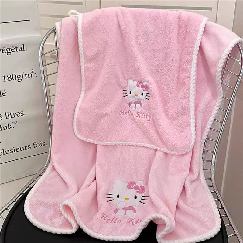 Three-Year-Old Cat | Pink Kitty Bath Towel Wearable and Wrapable Large Towel Cartoon Coral Fleece Quick-Dry Absorbent Towel
