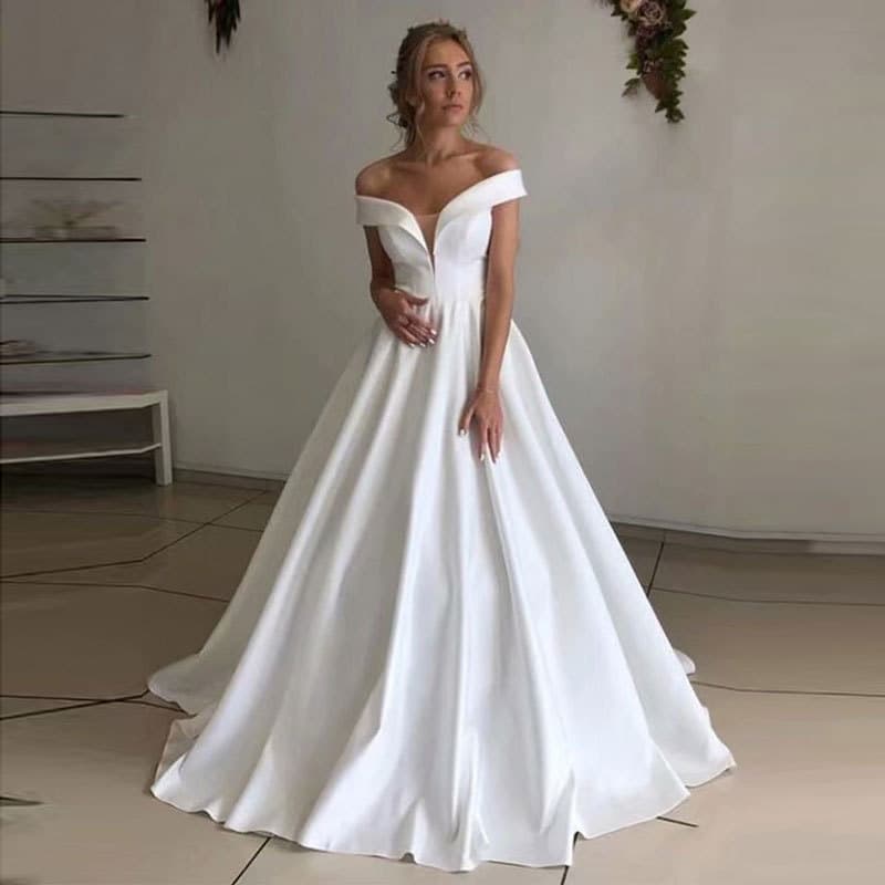Amazon AliExpress Europe America Foreign Trade Simple Satin Off-Shoulder A-Line Wedding Dress Long Floor-Length Lace-Up Bridal Gown