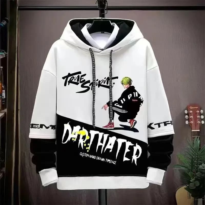 Spring Early Autumn Men's Long Sleeve Printed Patchwork Hoodie Trendy Loose Fit Casual Top for Teens