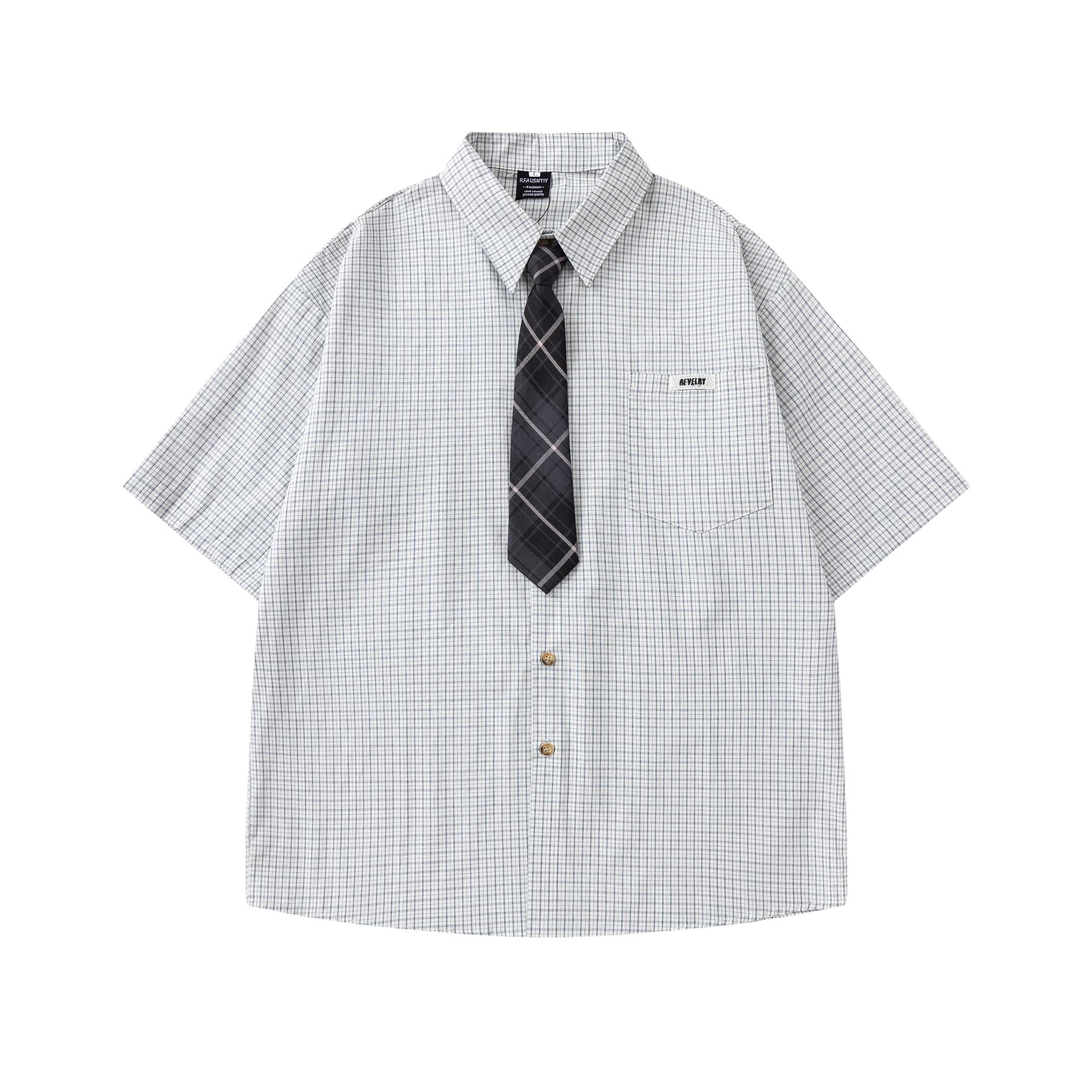 Japanese Retro Plaid Tie Short-Sleeve Shirt Men Summer College Style Couple Plaid Loose Casual Trendy Shirt