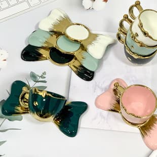 Creative Ceramic Bow-Tie Espresso Cup & Saucer Set - Afternoon Tea Coffee Cup 6 Cups & 6 Saucers Gift Set