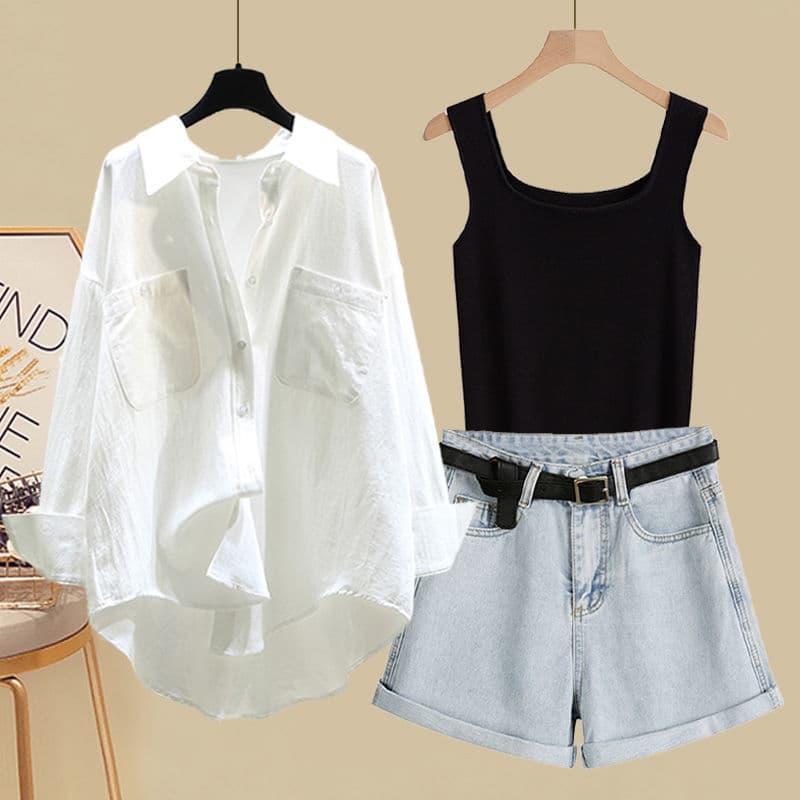 Plus Size Women's Spring/Summer 2026 New 3-Piece Set: Vest, Shirt, and Slimming Denim Shorts