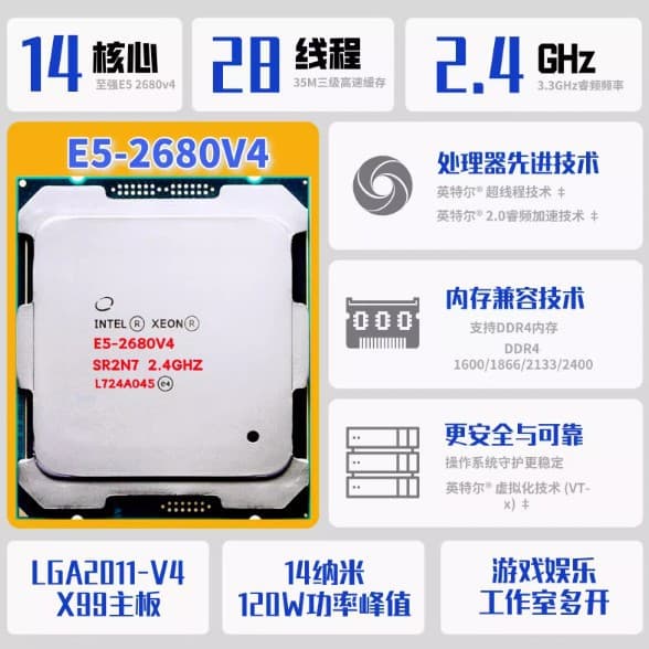 Xeon E5-2680 V4 14-Core 28-Thread Compatible with X99 DDR4 CPU 2011-V3 Socket