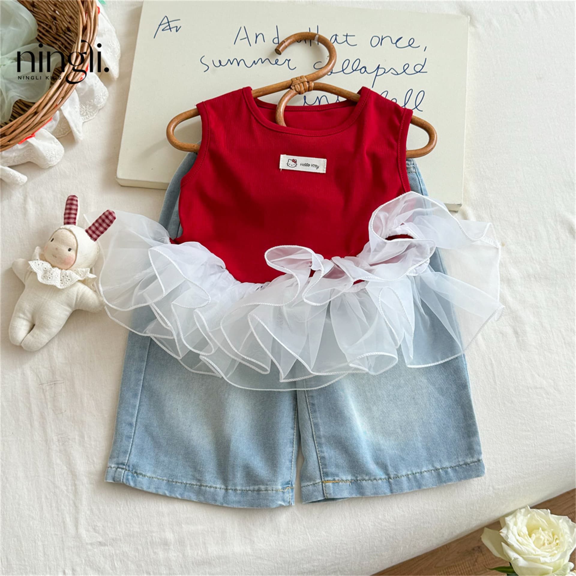 Ningli Girls' Fashionable Two-Piece Set: Vest Top with Denim Straight-Leg Pants, New Summer Sleeveless Patchwork Style