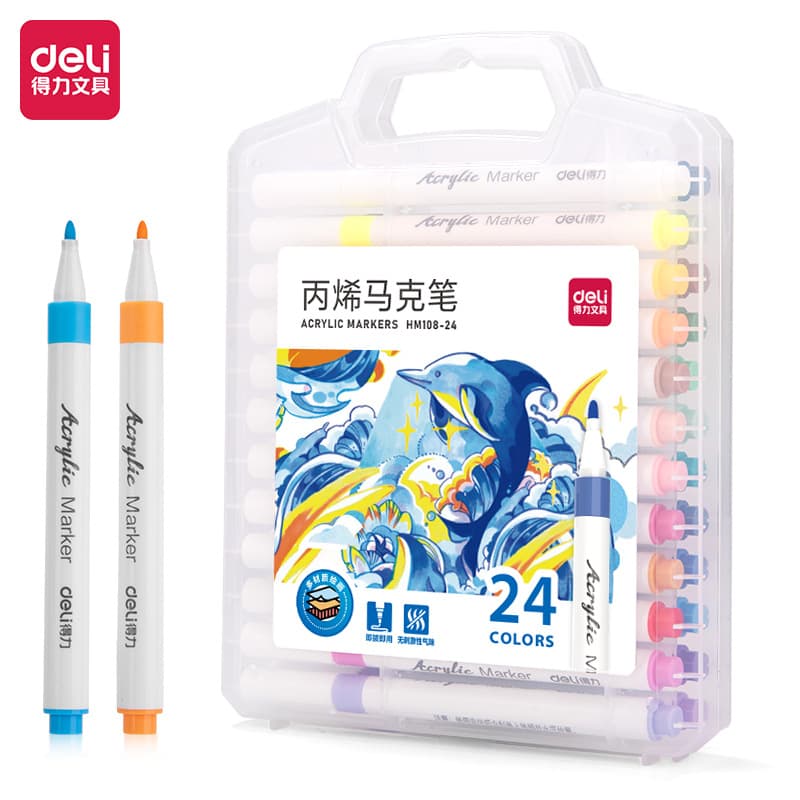 Deli HM108 Acrylic Markers, Boxed Fine Round Tip, Water-Based Painting Pens Set for Children and Students