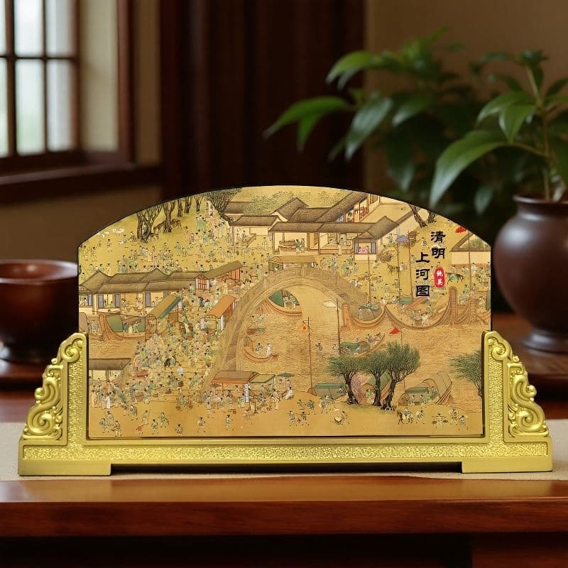 Palace Museum "Along the River During Qingming Festival" Charcoal Carving Antique-style Ornament, Study/Tea Room Cultural Gift for Mid-Autumn/Birthdays
