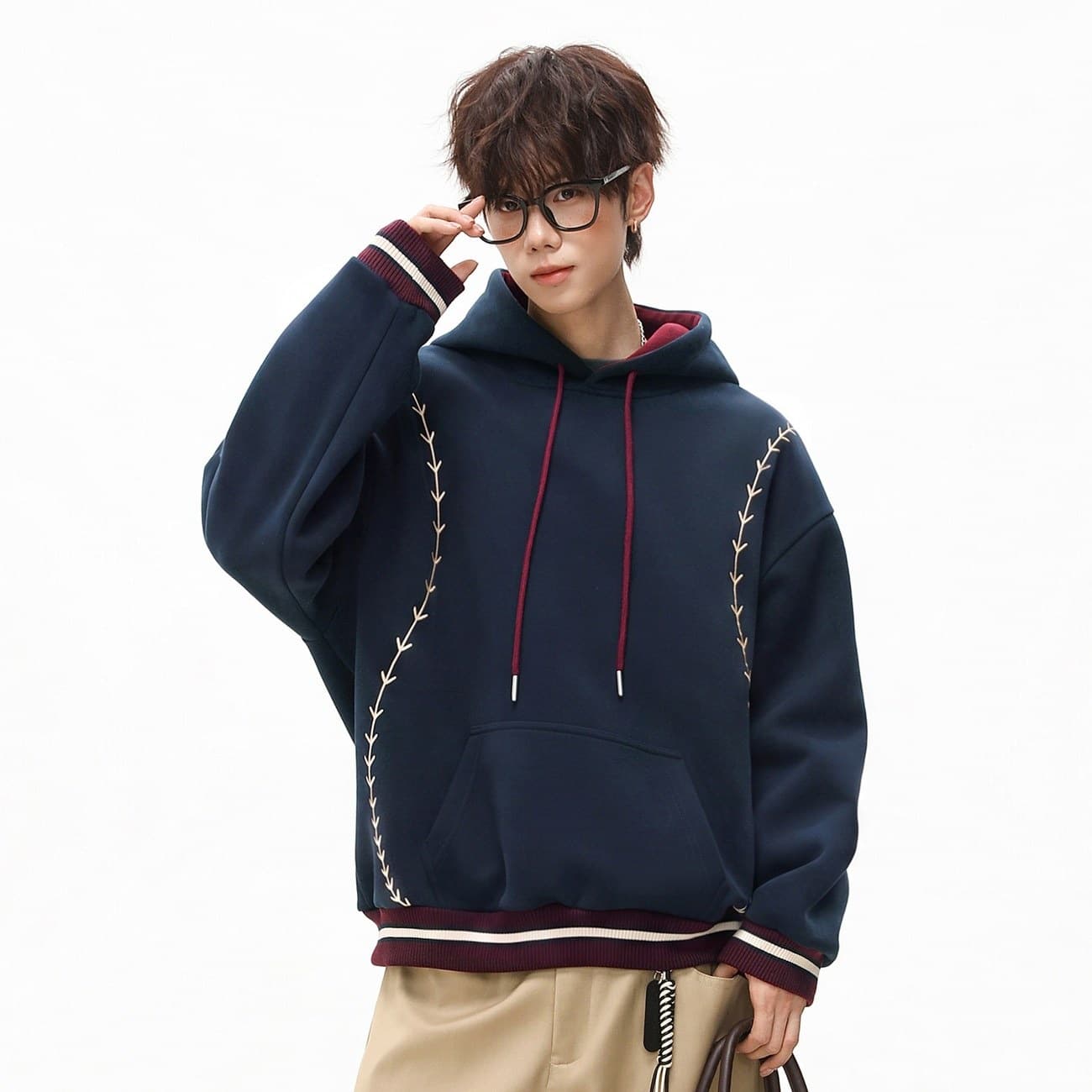 American Retro Trend Exposed Stitching Hooded Pullover Sweatshirt for Men, New Fall Style, Oversized Heavyweight Embroidered Jacket 12