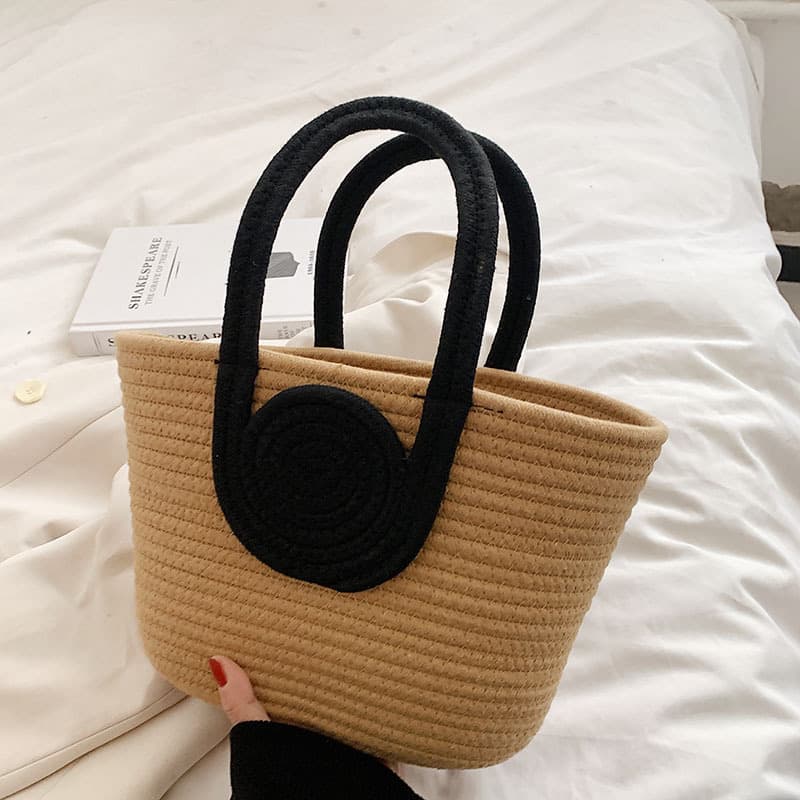 Fresh Sweet Woven Bag Simple Handbag Cotton Rope Tote Bag Vacation Straw Basket Shape Medium Softness Daily Match Handbag